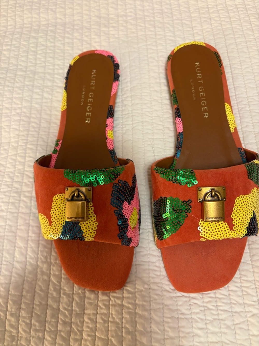 Kurt Geiger Orange Sequin Floral Slide Mules with Gold Padlock